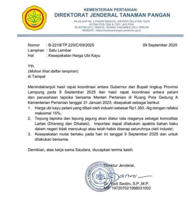 
 Kementan Tetapkan Harga Singkong Rp1.350/Kg, Petani Lampung Sambut Kepastian Baru