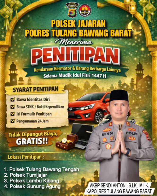 
 Mudik Aman Keluarga Bahagia, Kapolres Tulang Bawang Barat Imbau Warga yang Mudik Bisa Titip Kendaraan di Kantor Polisi